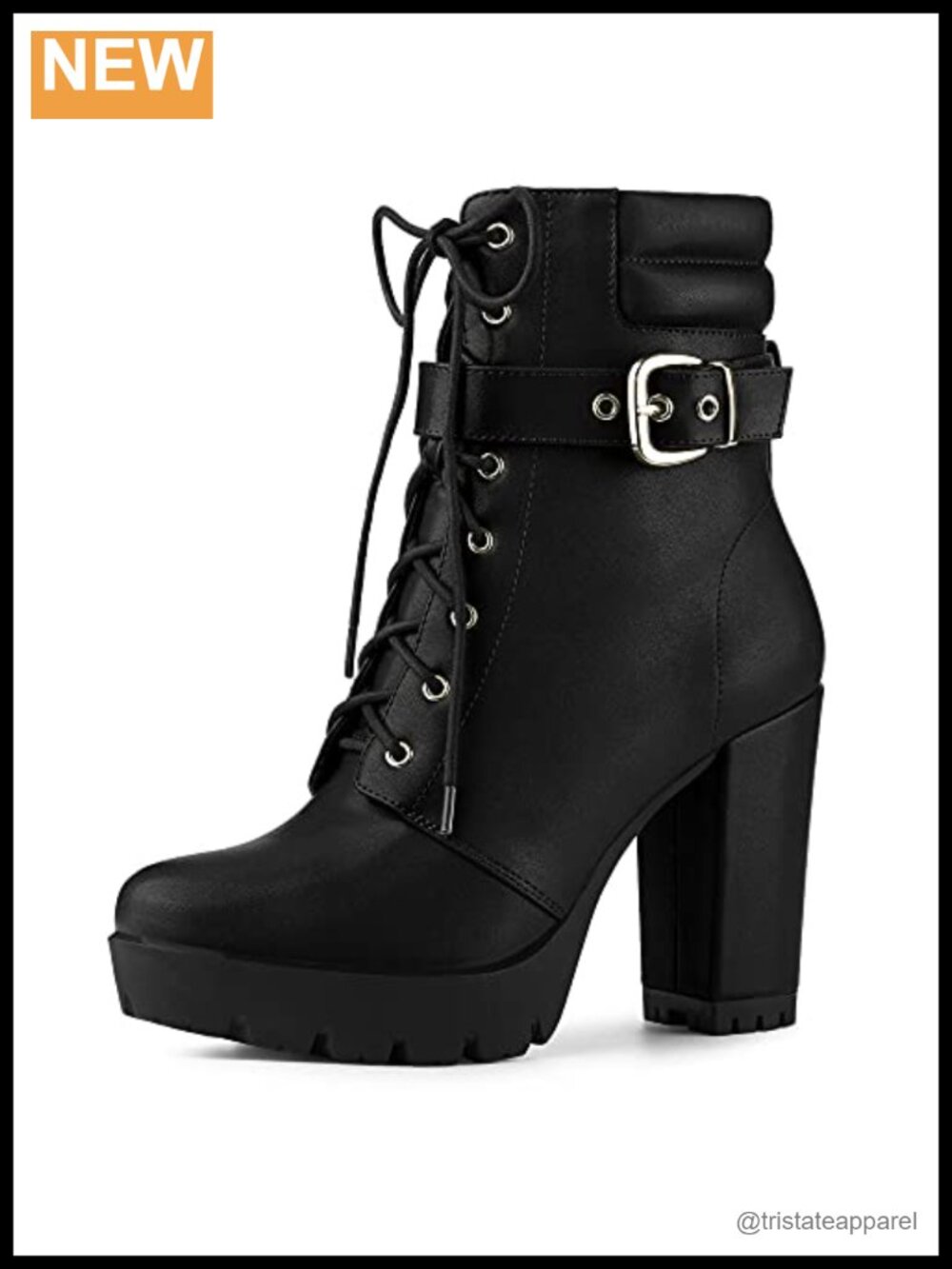 Faux Leather Lace Up Block Heels Combat Ankle Boots Chunky Platform